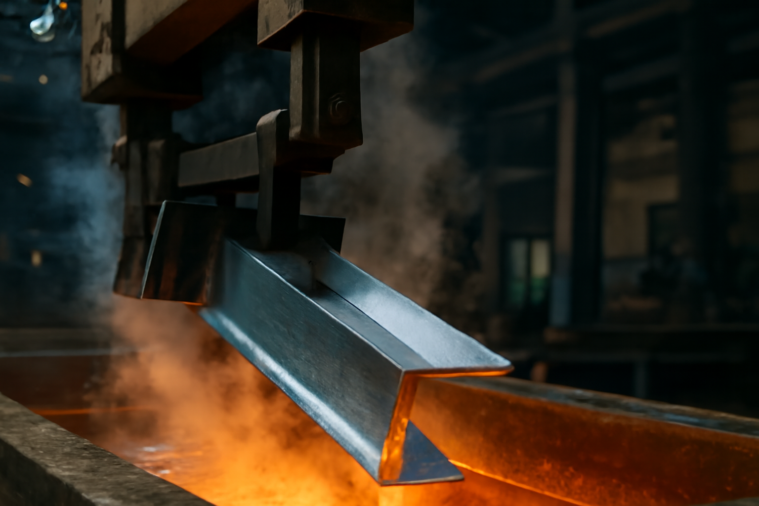 Imagem do processo de galvanização a fogo, com uma viga de aço sendo imersa em um banho de zinco fundido, destacando a camada metálica protetora. A cena, em um ambiente industrial, evidencia o brilho do zinco e a atmosfera de fábrica com vapor e fumaça ao fundo.