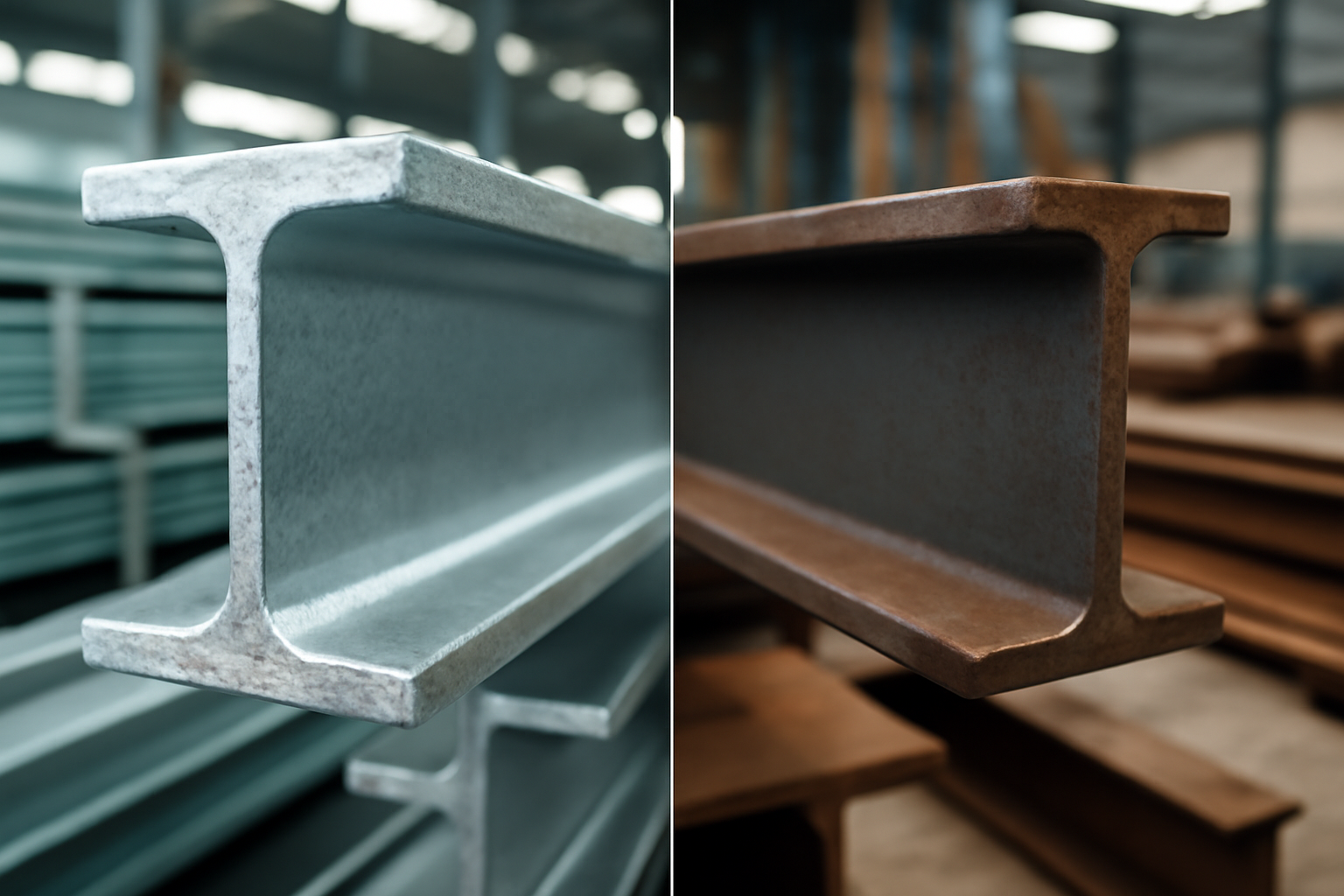 Imagem comparativa entre uma viga de aço carbono galvanizado a quente, com revestimento de zinco, e uma viga não galvanizada, mostrando sinais de ferrugem e corrosão. A cena é em um ambiente industrial, destacando as diferenças de durabilidade e resistência à corrosão.