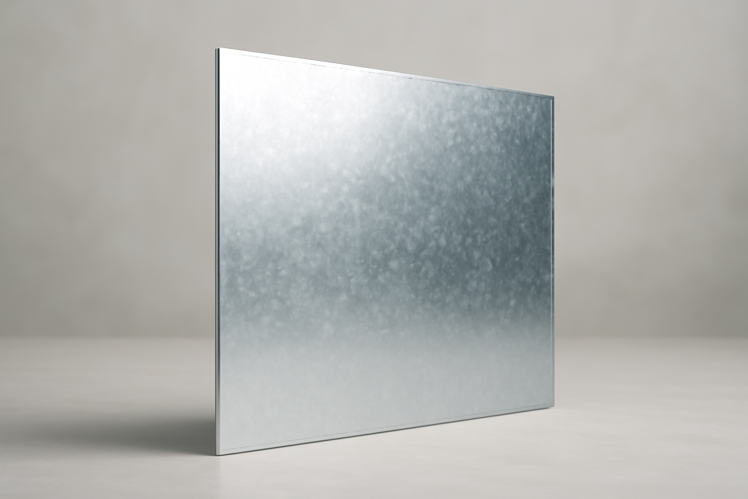 Imagem de close-up de um painel de aço galvanizado com acabamento impecável e uma camada de zinco refletindo suavemente a luz. O fundo neutro destaca a textura e a resistência do material, ressaltando sua durabilidade.