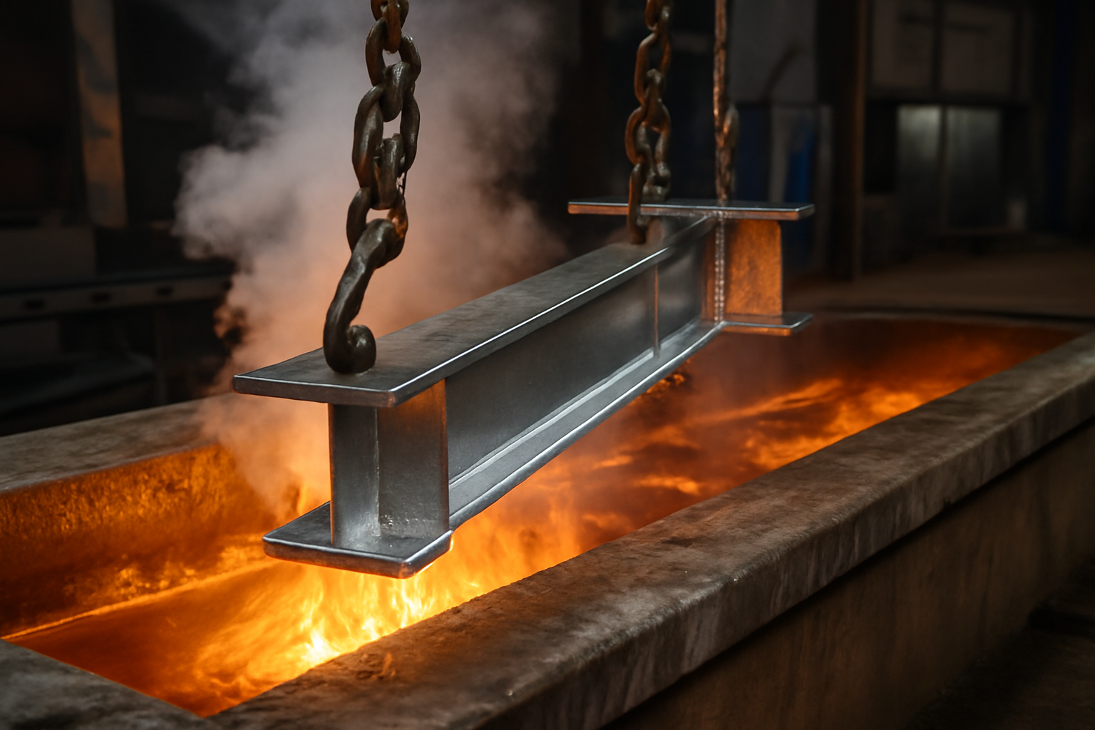 Imagem que ilustra o processo de galvanização a fogo, com uma viga de aço sendo imersa em um banho de zinco fundido. A cena destaca o brilho do zinco derretido, com fumaça e vapor surgindo, em um ambiente industrial de alta temperatura, ressaltando a durabilidade e proteção proporcionadas pela galvanização.