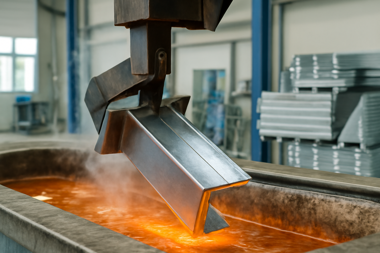 Imagem detalhada mostrando um feixe de aço sendo imerso em zinco fundido, destacando a camada de zinco sendo aplicada. O fundo exibe um ambiente industrial moderno, com produtos galvanizados visíveis e um ambiente limpo e organizado, ressaltando a proteção contra a corrosão no processo de galvanização.