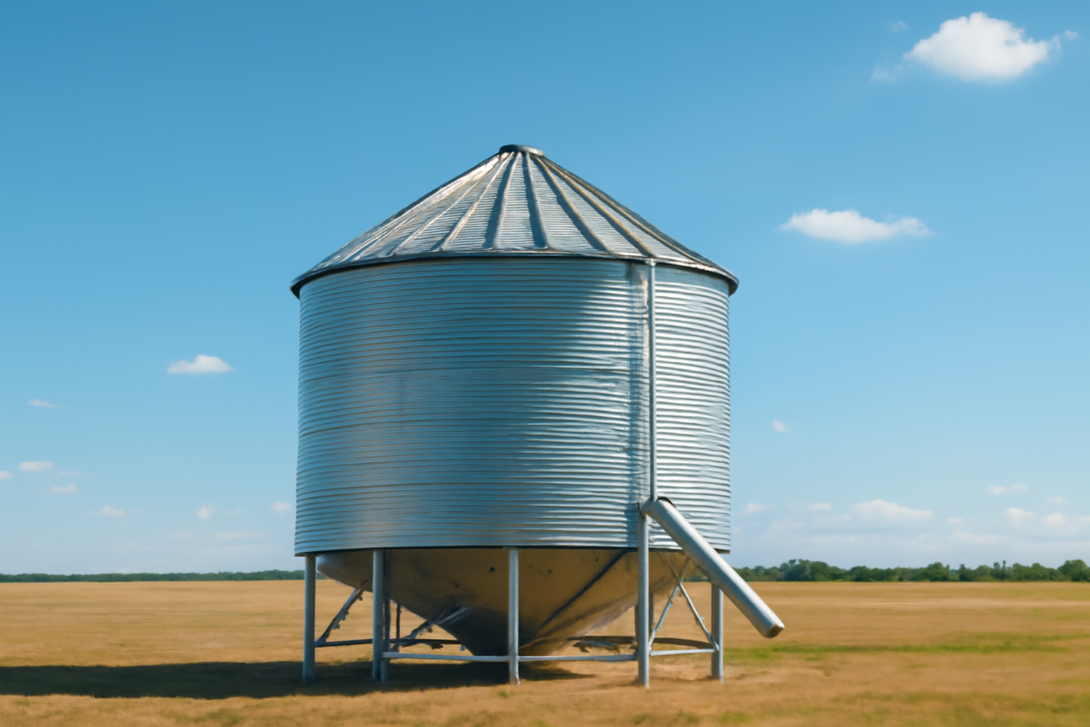 Imagem de um silo de aço galvanizado em um campo aberto com céu claro, destacando a estrutura metálica robusta, resistente à corrosão. A cena transmite durabilidade e confiança no uso do aço galvanizado no agronegócio.