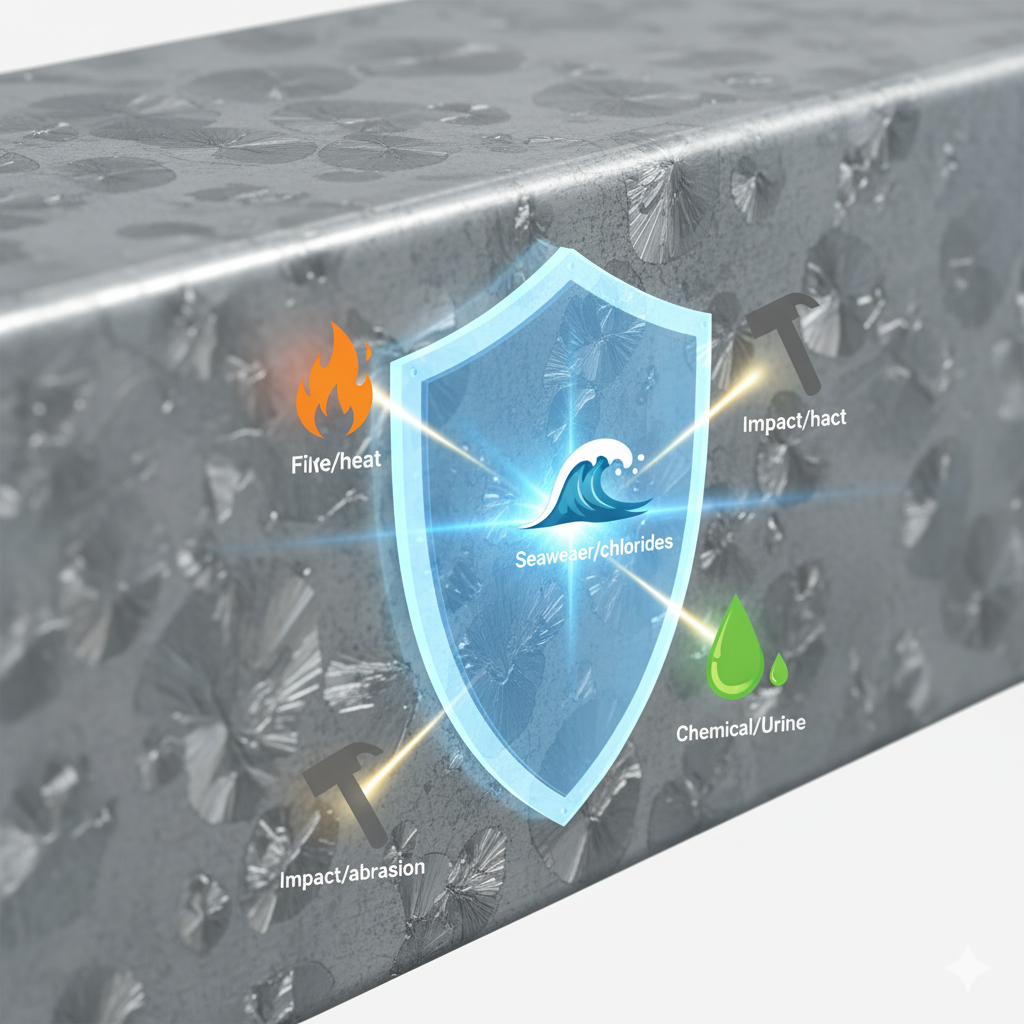 "Uma imagem de conceito técnico, infográfico. O fundo é um close-up macro de uma viga de aço galvanizado, mostrando a textura 'flor de zinco'. Sobreposta a ela, há uma ilustração de um escudo de energia translúcido, azul-brilhante. Quatro ícones, representando ameaças, estão colidindo com o escudo e sendo bloqueados: um ícone de chama (fogo/calor), um ícone de onda do mar (maresia/cloretos), um ícone de martelo (impacto/abrasão) e um ícone de gota de ácido (química/urina). Estilo: corporativo, clean, alta tecnologia, paleta de cores em azul, cinza-metálico e branco."