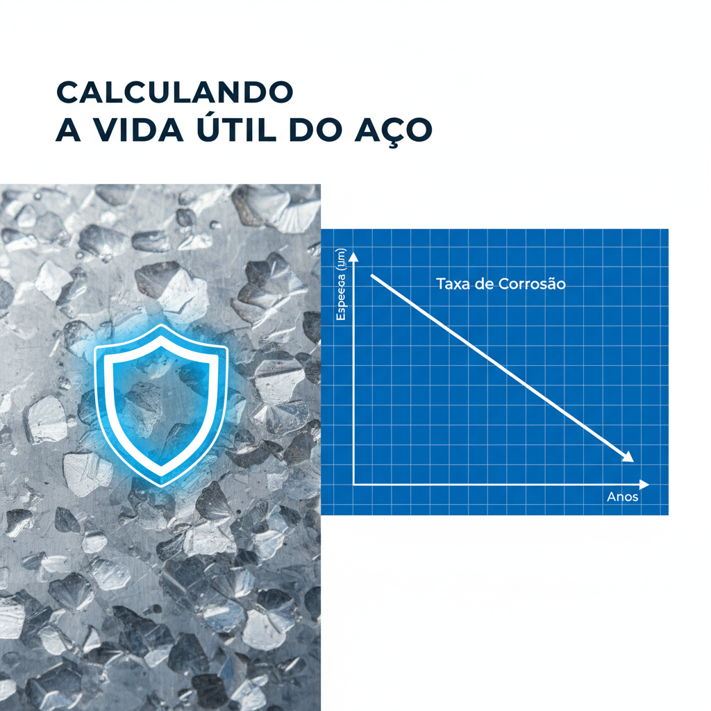 "Uma imagem de conceito técnico (tech concept), estilo 'white paper' corporativo. A imagem é dividida: na metade esquerda, um close-up macro de uma superfície de aço galvanizado, mostrando a textura cristalina (flor de zinco). Sobreposta a essa metade, uma camada gráfica de um escudo azul brilhante (ícone de proteção). Na metade direita, sobre um fundo de grade azul (blueprint grid), um gráfico de linha descendente simples e claro. O eixo Y é 'Espessura (µm)' e o eixo X é 'Anos'. O gráfico é rotulado 'Taxa de Corrosão'. O título principal, em fonte sans-serif moderna e forte, é: 'CALCULANDO A VIDA ÚTIL DO AÇO'. A paleta de cores é profissional: azuis corporativos, cinza-metálico e branco."