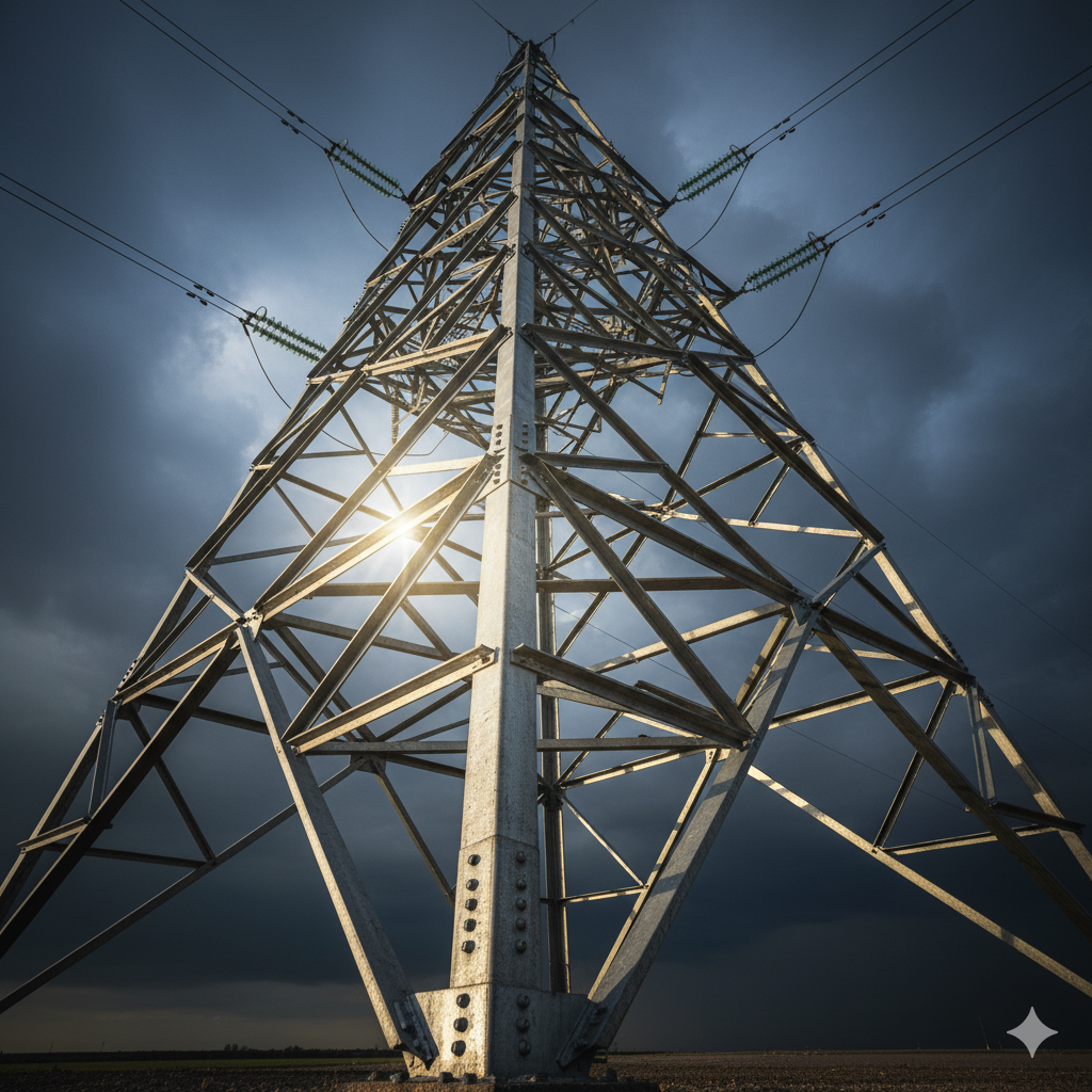 "Uma fotografia cinematográfica, um contra-plongé (low-angle shot) extremo de uma torre de transmissão de energia treliçada. A câmera está posicionada perto da base, olhando para cima, capturando a complexa geometria das vigas de aço galvanizado. A textura do zinco (flor de zinco) é visível, com a luz do sol da tarde a brilhar intensamente no metal, criando um reflexo prateado que denota proteção. Ao fundo, um céu dramático com nuvens de tempestade a formar-se, sugerindo um ambiente hostil. A torre permanece firme e intacta, com os cabos de alta tensão a estenderem-se para o horizonte. O foco está na resiliência da estrutura metálica contra os elementos.