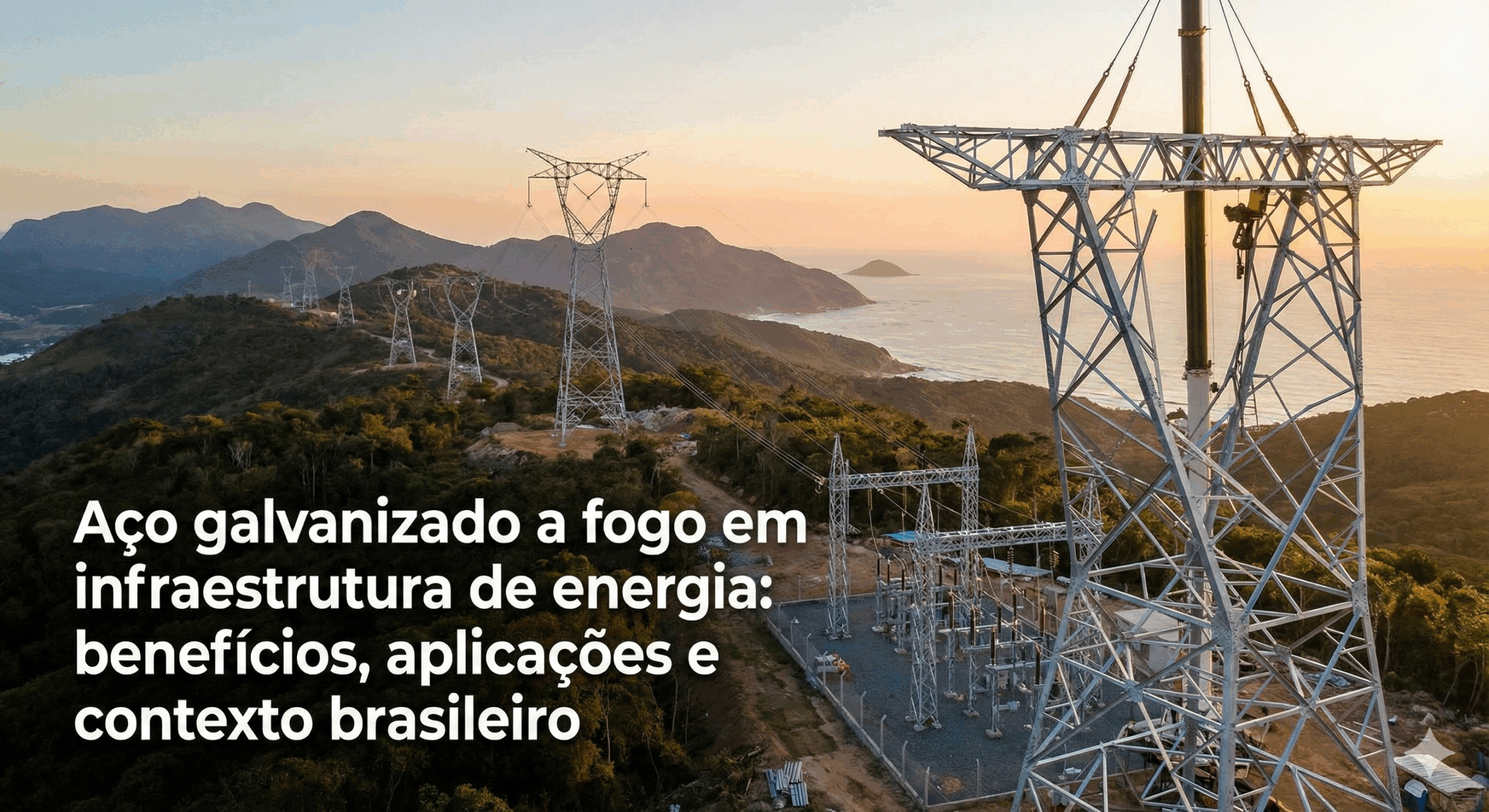 Thumbnail de blog com uma fotografia panorâmica de grandes torres de transmissão de energia feitas de aço galvanizado a fogo, instaladas em uma região montanhosa costeira no Brasil durante o pôr do sol. Um guindaste opera na torre principal em primeiro plano e uma subestação é visível abaixo. O texto branco sobreposto no canto inferior esquerdo diz: "Aço galvanizado a fogo em infraestrutura de energia: benefícios, aplicações e contexto brasileiro".