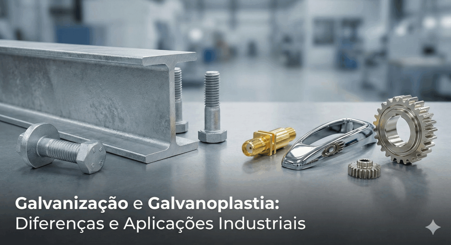 Thumbnail de blog industrial em uma bancada. À esquerda, uma viga I e parafusos grandes com o acabamento cinza fosco característico da galvanização a fogo. À direita, peças de precisão menores e brilhantes, incluindo um conector dourado, uma maçaneta cromada e uma engrenagem, representando a galvanoplastia. O fundo é uma fábrica desfocada. Na parte inferior, há um texto branco sobreposto que diz: "Galvanização e Galvanoplastia: Diferenças e Aplicações Industriais".