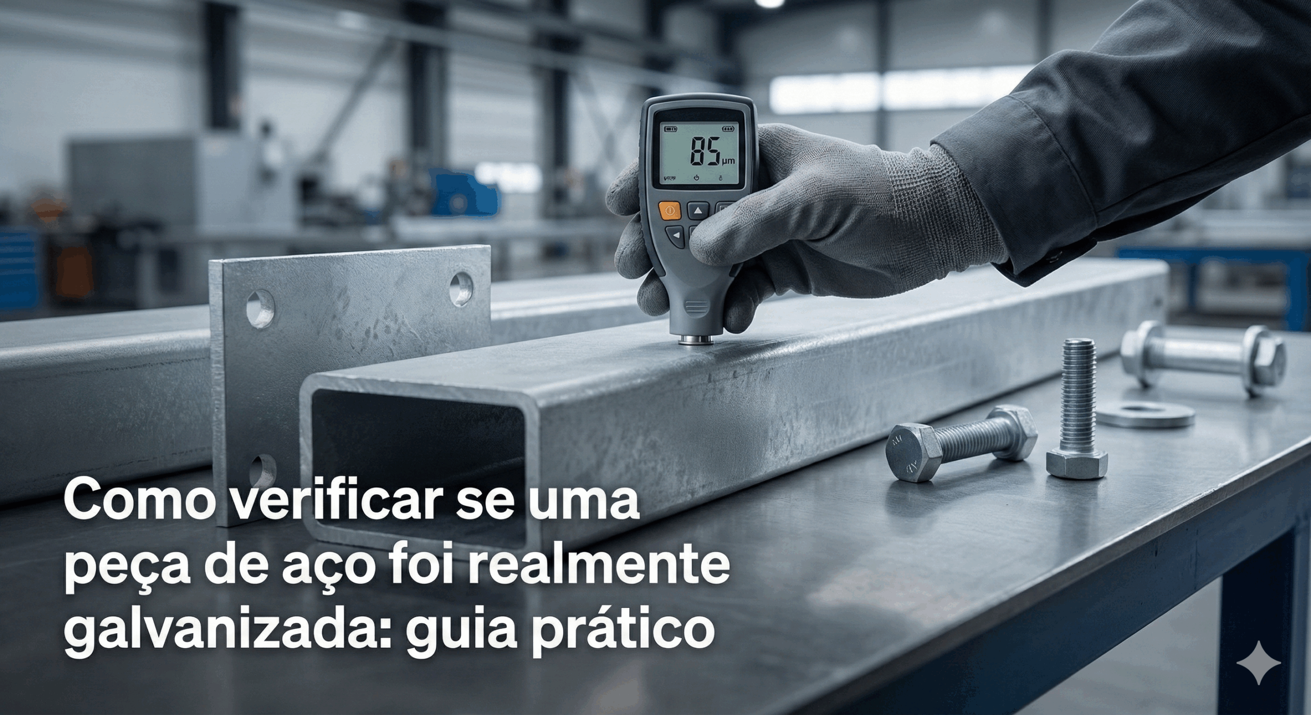 Thumbnail de blog com uma foto industrial. Em primeiro plano, uma mão enluvada segura um medidor eletrônico de espessura de revestimento, que está sendo utilizado em um perfil de aço galvanizado. Ao lado, outras peças galvanizadas como parafusos e porcas estão sobre uma bancada metálica escura. O fundo mostra um ambiente de fábrica desfocado. O texto branco sobreposto na parte inferior esquerda da imagem diz: "Como verificar se uma peça de aço foi realmente galvanizada: guia prático".