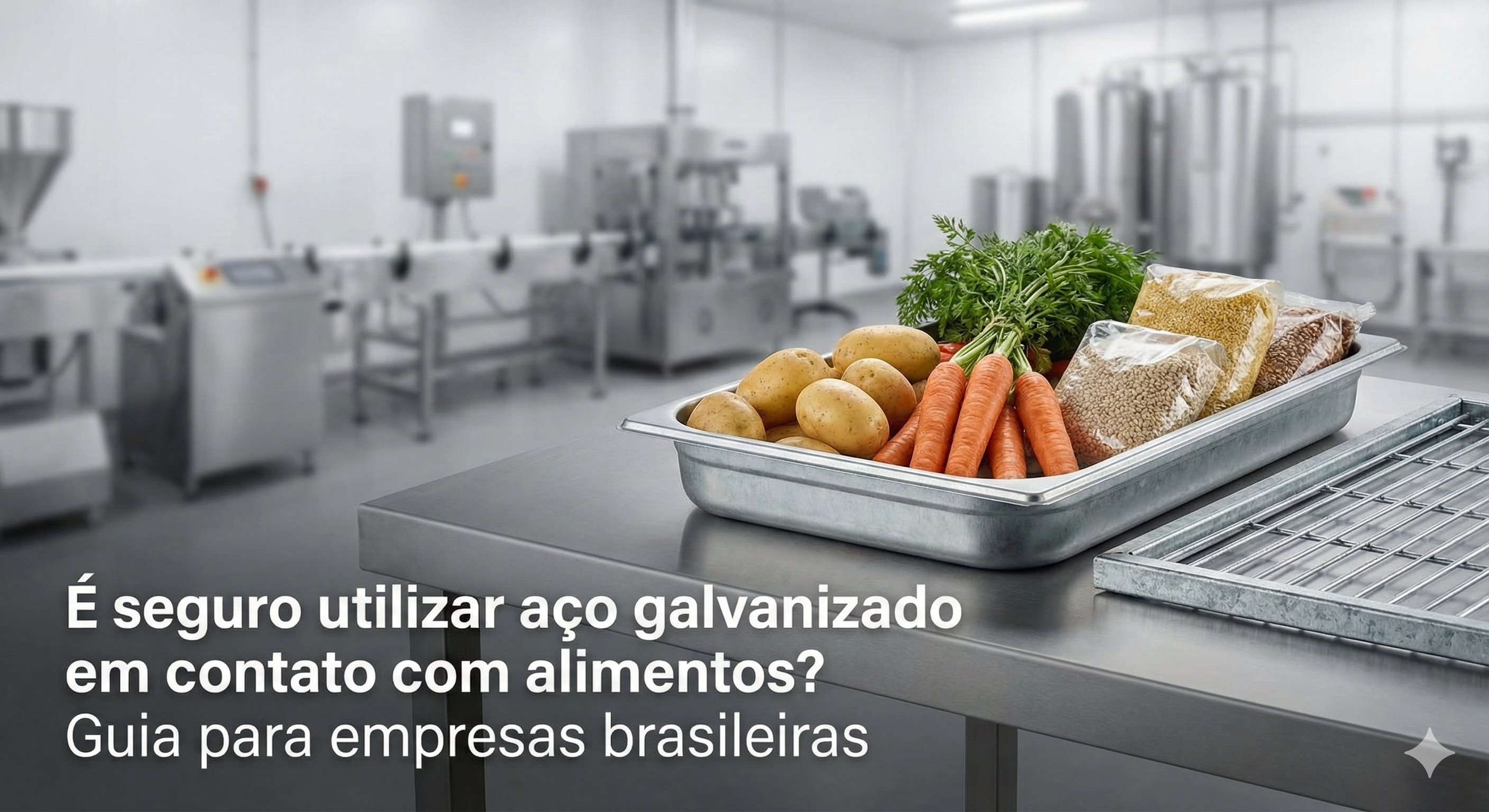 Thumbnail de blog com fotografia industrial em uma fábrica de processamento de alimentos limpa. Em primeiro plano, uma bandeja metálica contendo batatas, cenouras e grãos embalados está sobre uma bancada de inox, ao lado de uma grade galvanizada. O fundo é desfocado com maquinário de produção. O texto branco sobreposto no canto inferior esquerdo diz: "É seguro utilizar aço galvanizado em contato com alimentos? Guia para empresas brasileiras".
