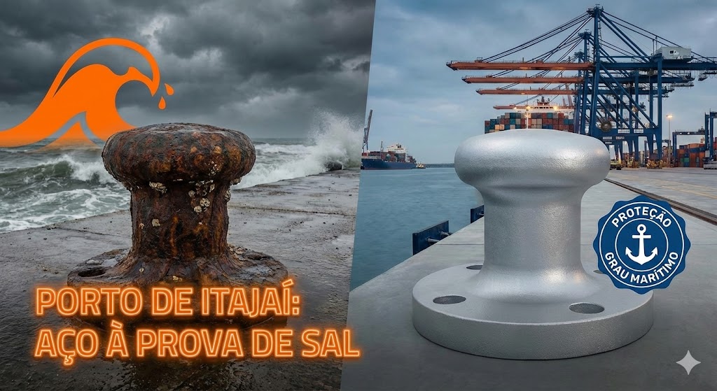 visual em ambiente portuário: à esquerda, um cabeço de amarração corroído pela maresia intensa sob tempestade; à direita, o mesmo equipamento protegido por galvanização a fogo, prateado e intacto, com guindastes do Porto de Itajaí ao fundo e selo de proteção naval. Texto em destaque: "Porto de Itajaí: Aço à prova de sal".
